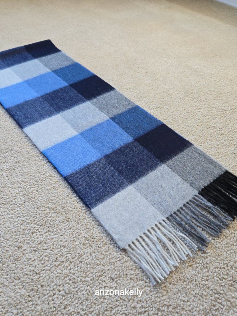 NWOT Cashmere Woven Scarf Blue, Black & Gray Plaid Checks - Picture 6 of 15